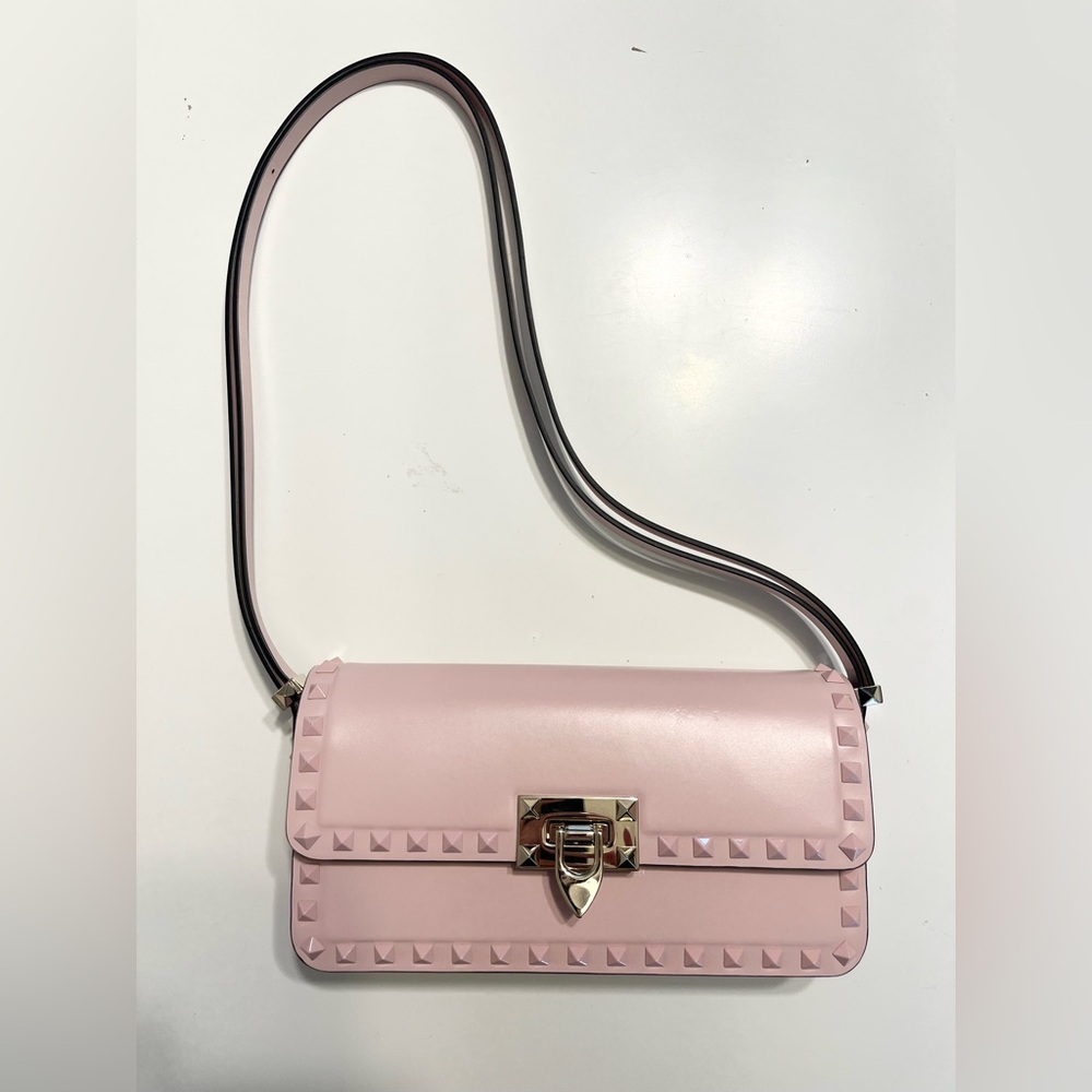 Authentic Valentino Rockstud23 E/W Calfskin Pink Studded Shoulder Bag